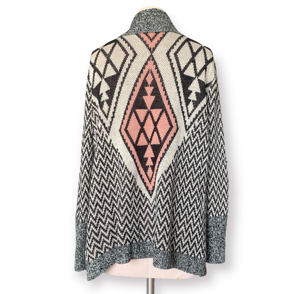 PINK OWL Open Front Cardigan Tribal Drape SouthWestern Aztec Sweater Medium Gray - Picture 3 of 10
